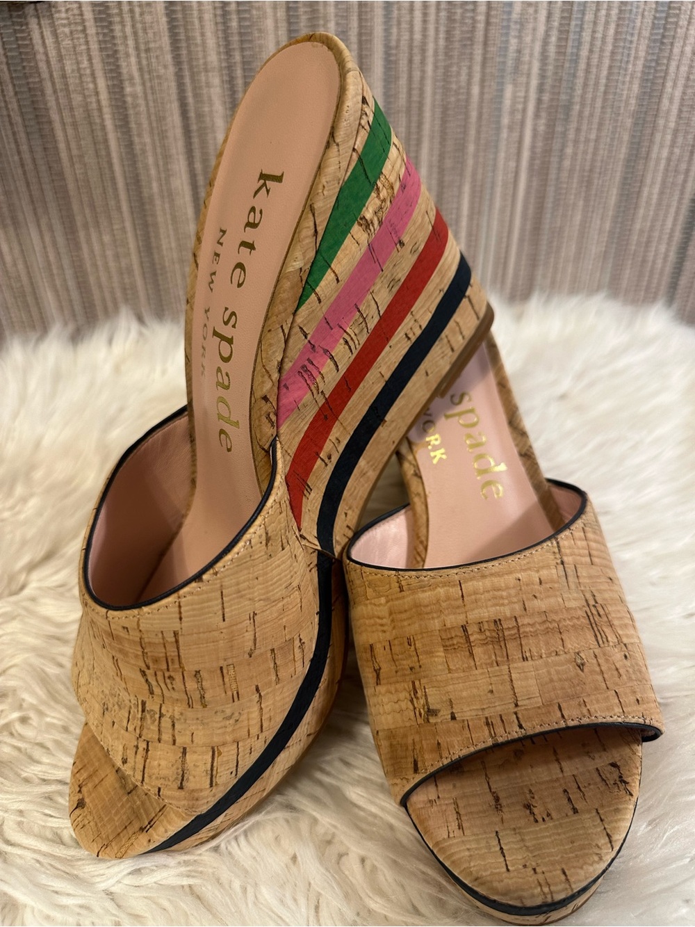 Kate Spade Penelope Cork Rainbow Stripe Wedge Sandals 7.5